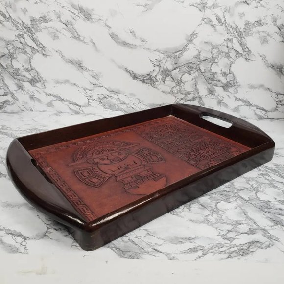 Handmade Wood Embossed Leather Mayan Serving Tray Vintage - Picture 6 of 10